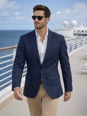 H&M Mens 100% Linen Navy Blue Blazer 38R Slim Fit Coastal Lightweight Breathable